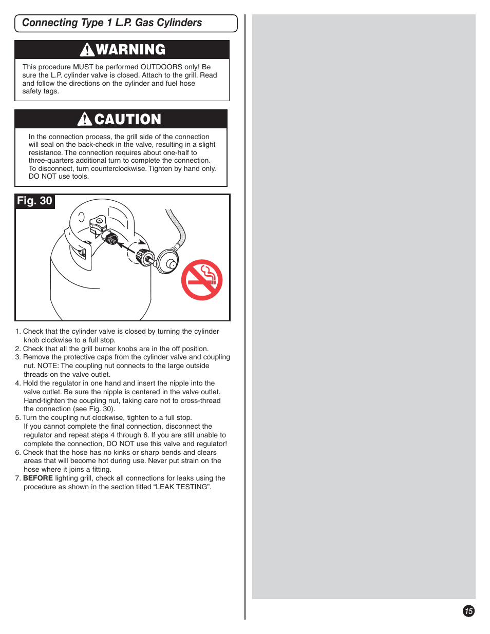 Warning, Caution, Connecting type 1 l.p. gas cylinders fig. 30 | Coleman 9992-647 User Manual | Page 15 / 32