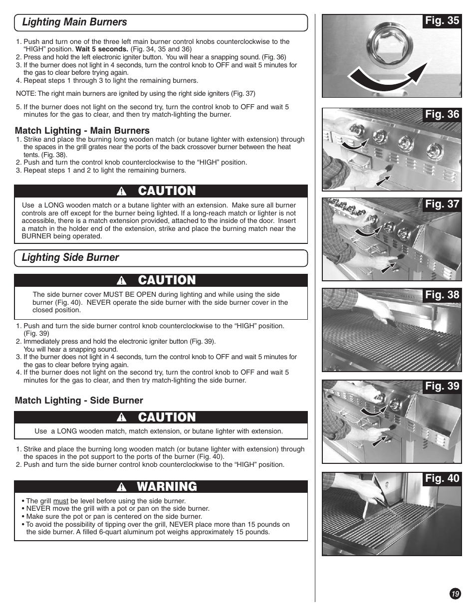 Caution, Warning, Lighting main burners lighting side burner | Fig. 36 fig. 35, Fig. 38 | Coleman 9992-647 User Manual | Page 19 / 32