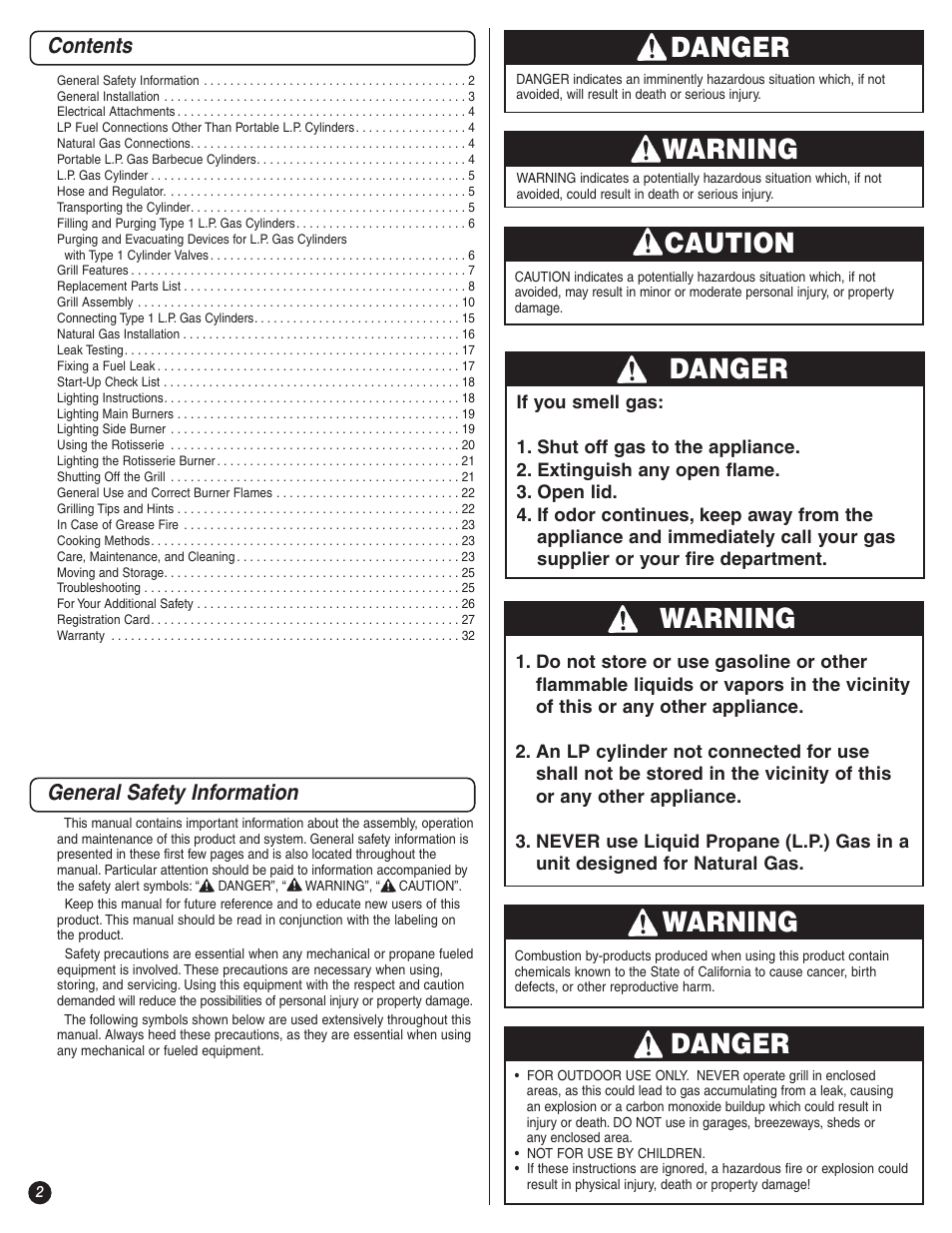 Danger, Warning, Caution | Contents general safety information | Coleman 9992-647 User Manual | Page 2 / 32