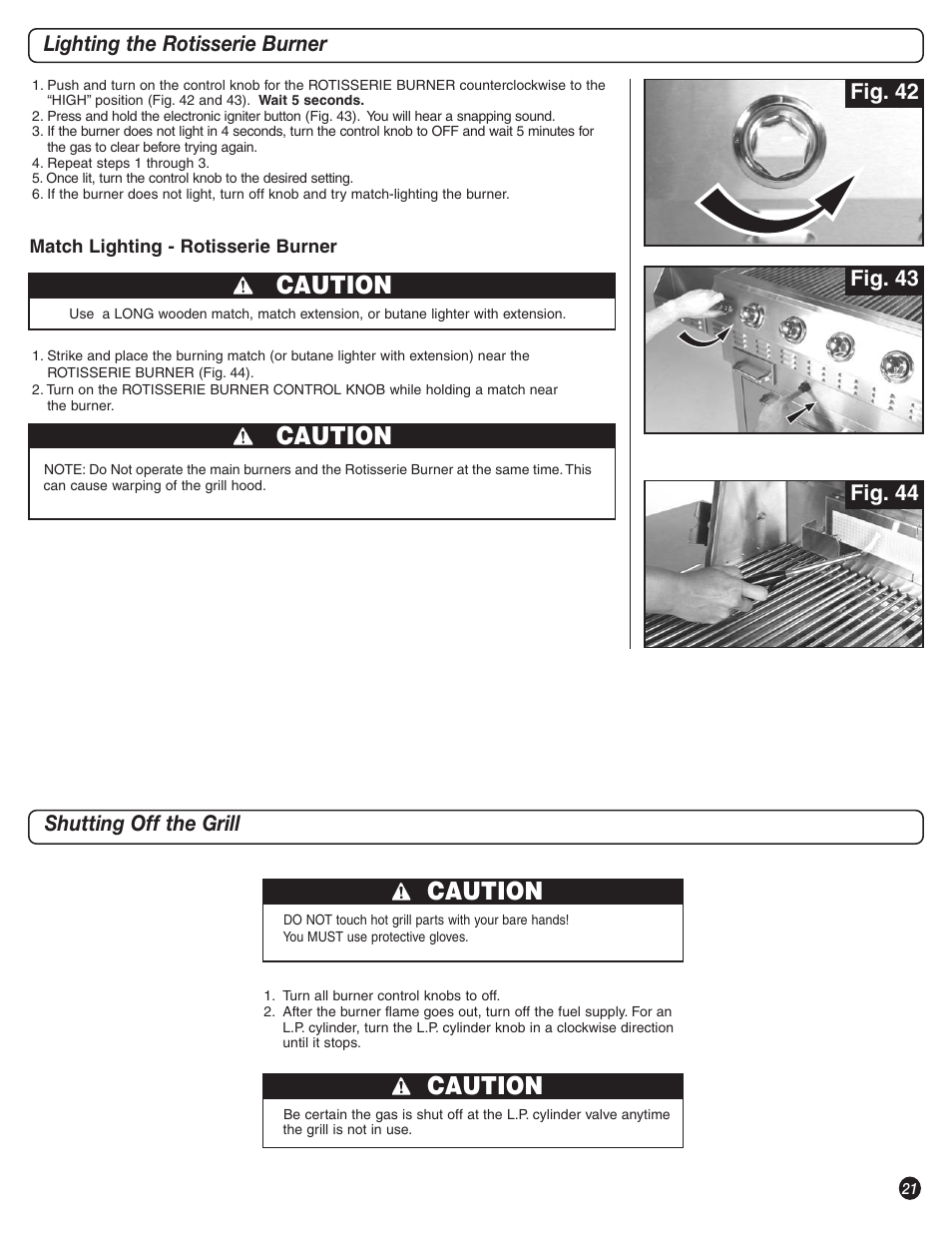 Caution, Lighting the rotisserie burner, Shutting off the grill | Coleman 9992-647 User Manual | Page 21 / 32
