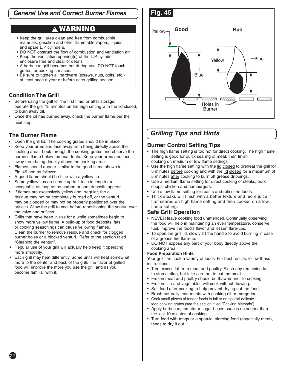 Warning, Grilling tips and hints, General use and correct burner flames | Fig. 45 | Coleman 9992-647 User Manual | Page 22 / 32