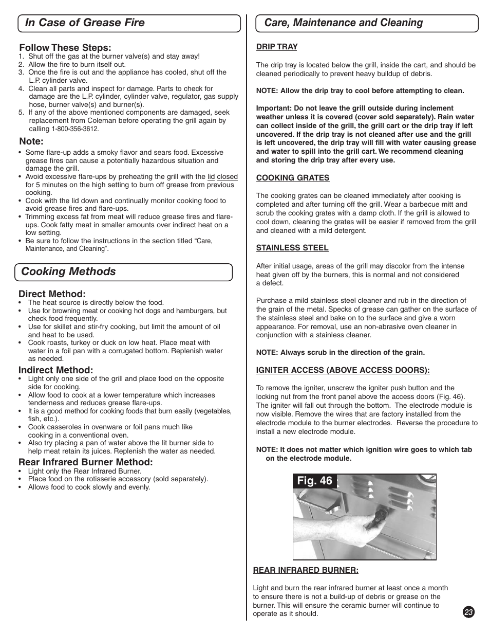 Cooking methods in case of grease fire, Care, maintenance and cleaning, Fig. 46 | Coleman 9992-647 User Manual | Page 23 / 32