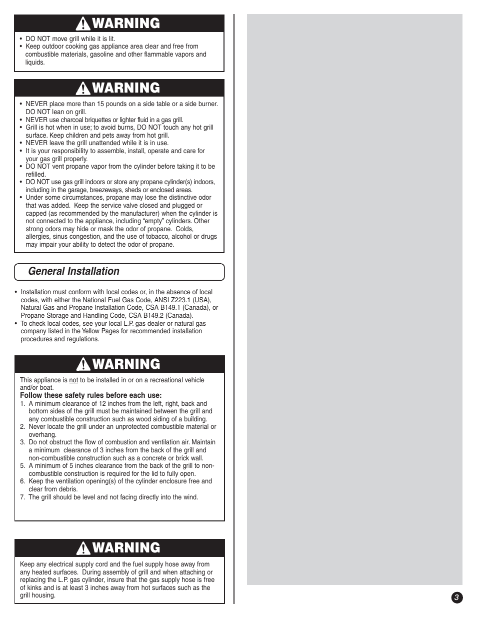 Warning, General installation | Coleman 9992-647 User Manual | Page 3 / 32