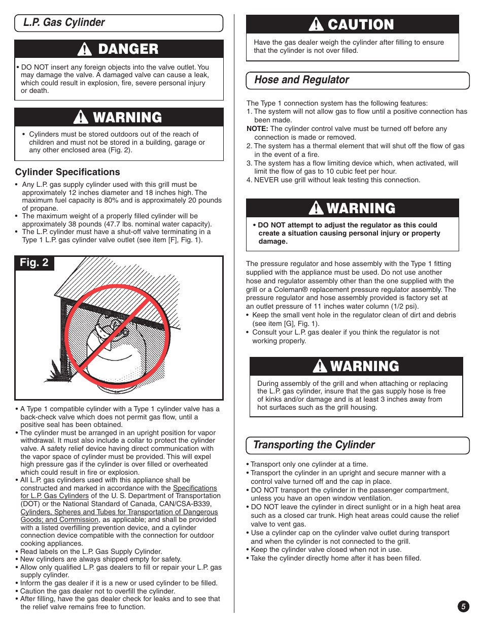 Danger, Warning, Caution | L.p. gas cylinder hose and regulator, Transporting the cylinder, Fig. 2 | Coleman 9992-647 User Manual | Page 5 / 32