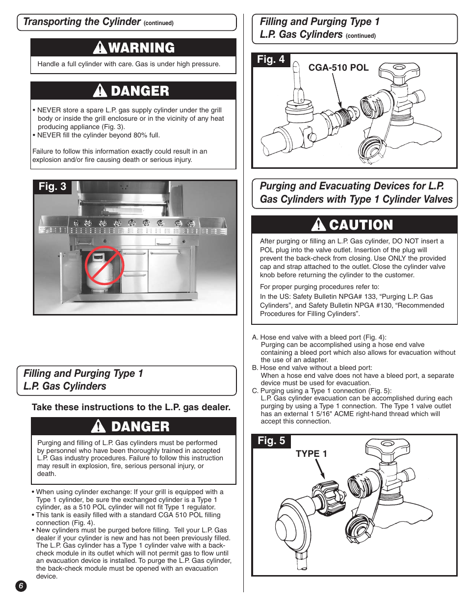Warning, Danger, Caution | Transporting the cylinder, Fig. 3 fig. 4 fig. 5 | Coleman 9992-647 User Manual | Page 6 / 32