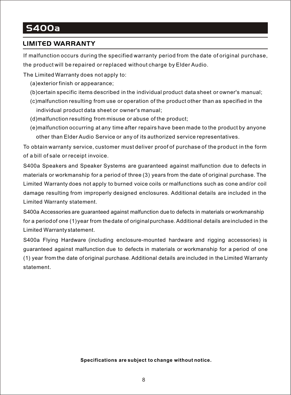 Т³гж 10, S400a, Limited warranty | OmniSistem Beta 3 – S400a User Manual | Page 10 / 11