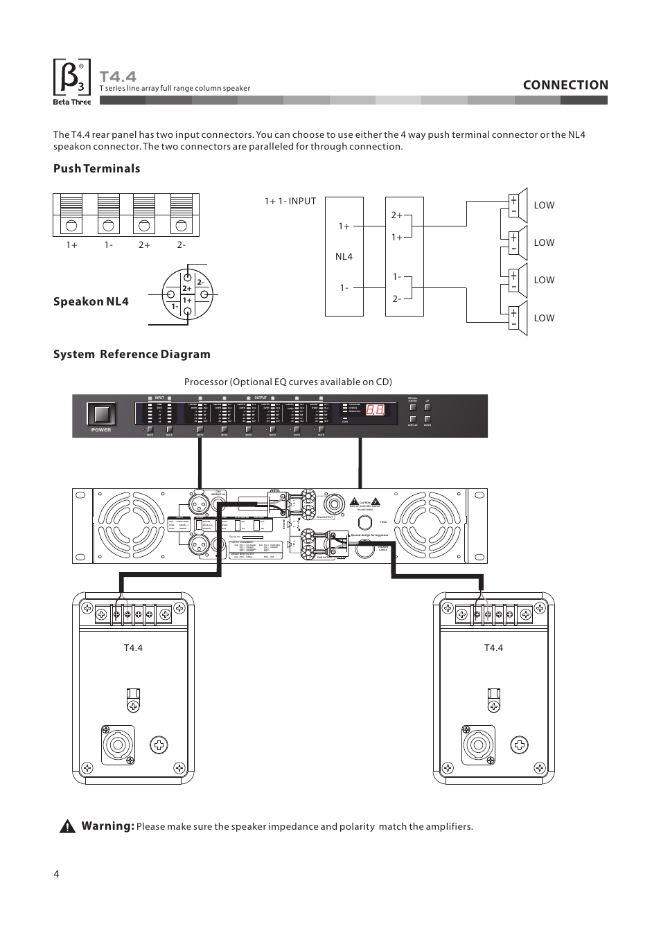 T4.4, Connection, Speakon nl4 | Push terminals system reference diagram, Warning, T4.4 low low low low, Processor (optional eq curves available on cd), T series full range speaker line array column | OmniSistem Beta 3 – T4.4 User Manual | Page 5 / 10