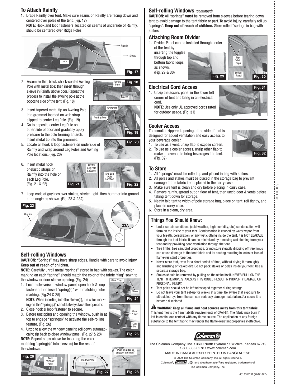 Attaching room divider, Electrical cord access, Cooler access | Self-rolling windows, Things you should know | Coleman 2000005748 User Manual | Page 2 / 2