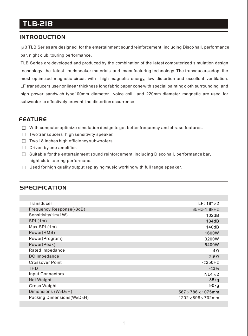 Т³гж 3, Tlb-218, Specification | Introduction feature | OmniSistem Beta 3 – TLB-218 User Manual | Page 3 / 8