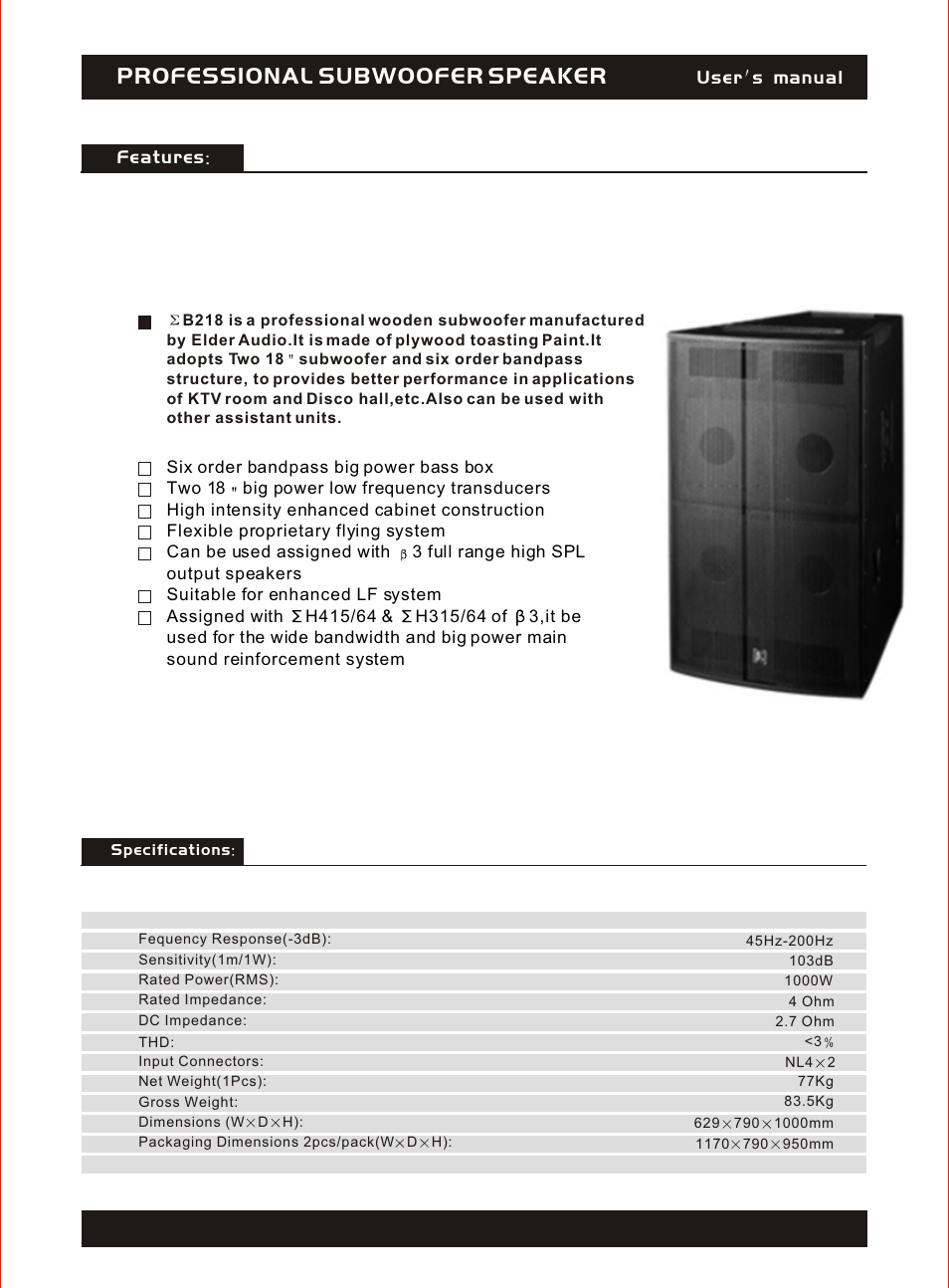 Т³гж 2, Professional subwoofer speaker, Features | User s m anual | OmniSistem Beta 3 – ΣB218 User Manual | Page 2 / 4
