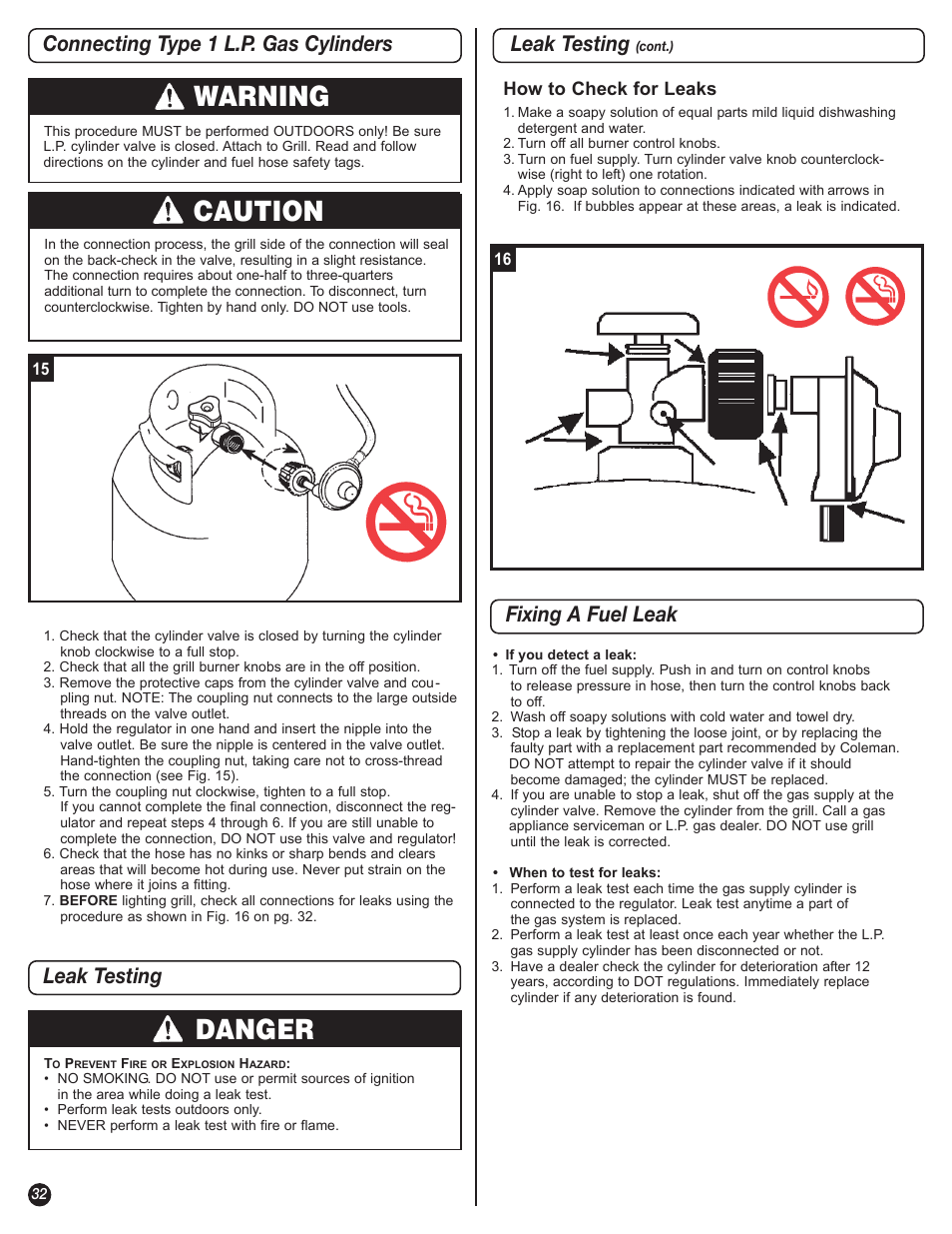 Warning, Caution, Danger | Connecting type 1 l.p. gas cylinders leak testing, Leak testing, Fixing a fuel leak | Coleman 5600 User Manual | Page 32 / 44