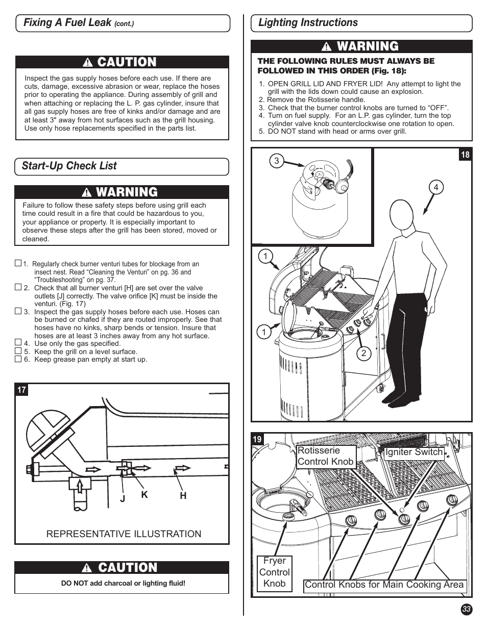 Caution, Warning, Fixing a fuel leak | Start-up check list, Lighting instructions | Coleman 5600 User Manual | Page 33 / 44