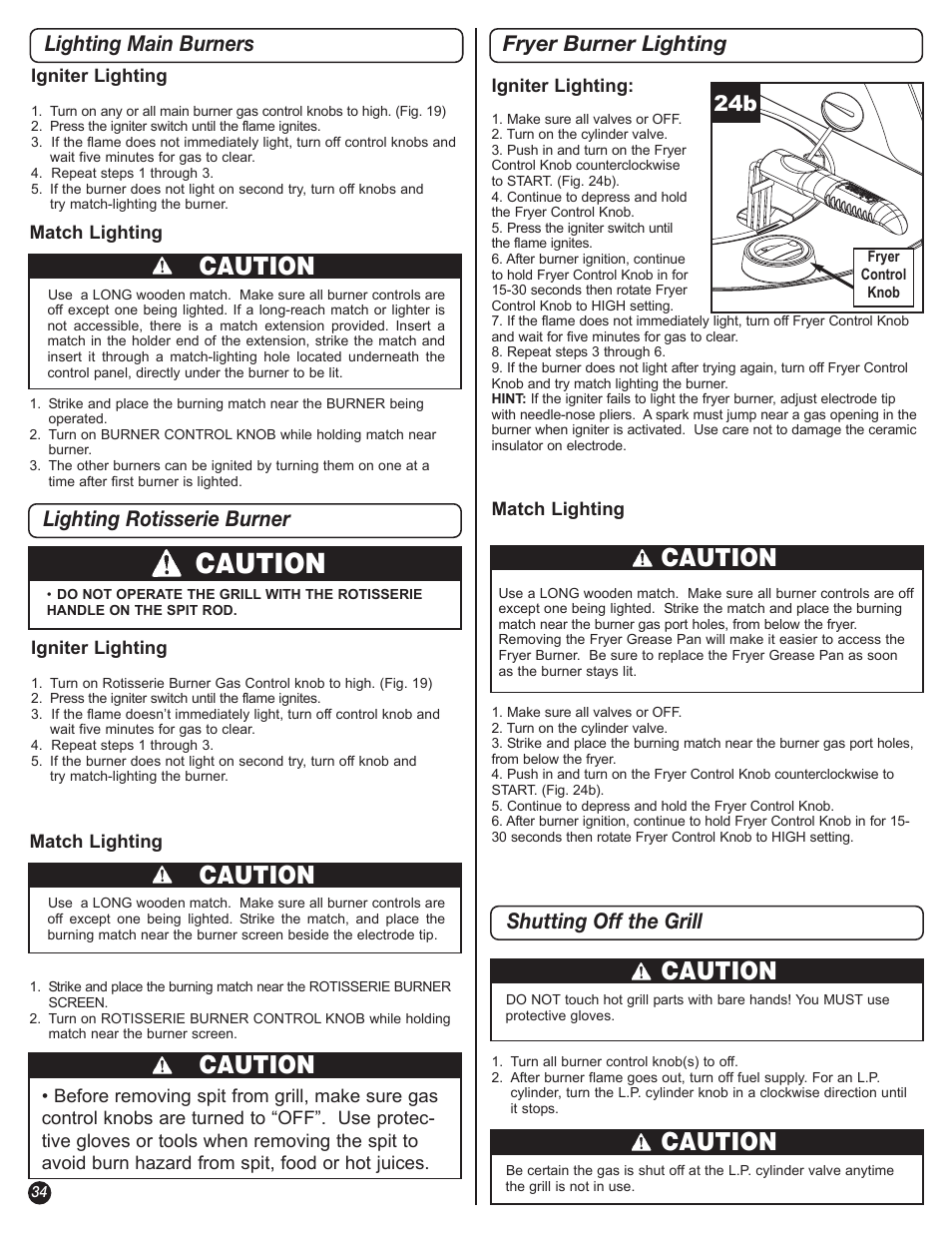 Caution, Lighting main burners, Shutting off the grill | Lighting rotisserie burner, Fryer burner lighting | Coleman 5600 User Manual | Page 34 / 44