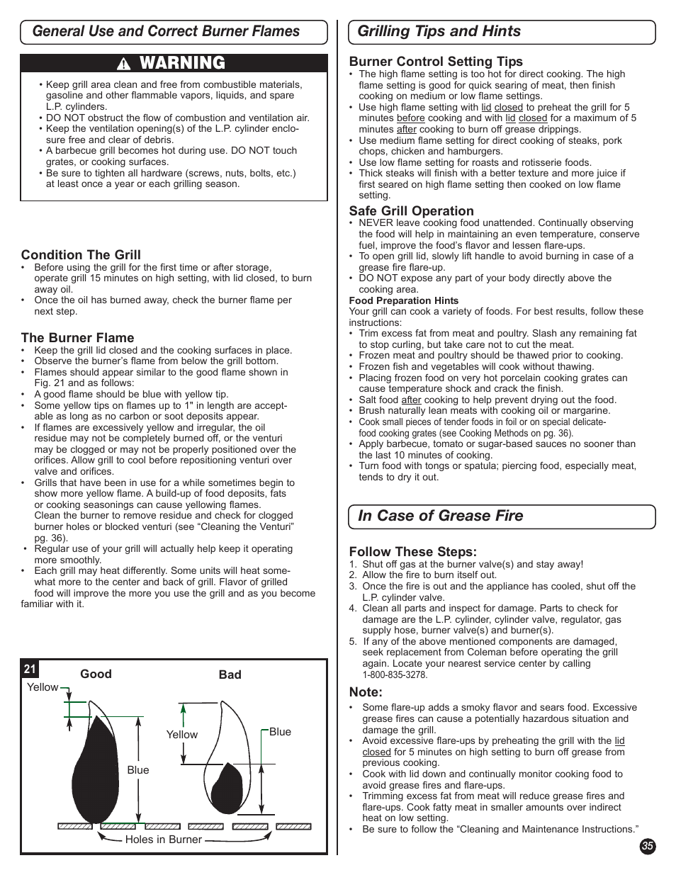 Warning, Grilling tips and hints, General use and correct burner flames | Coleman 5600 User Manual | Page 35 / 44