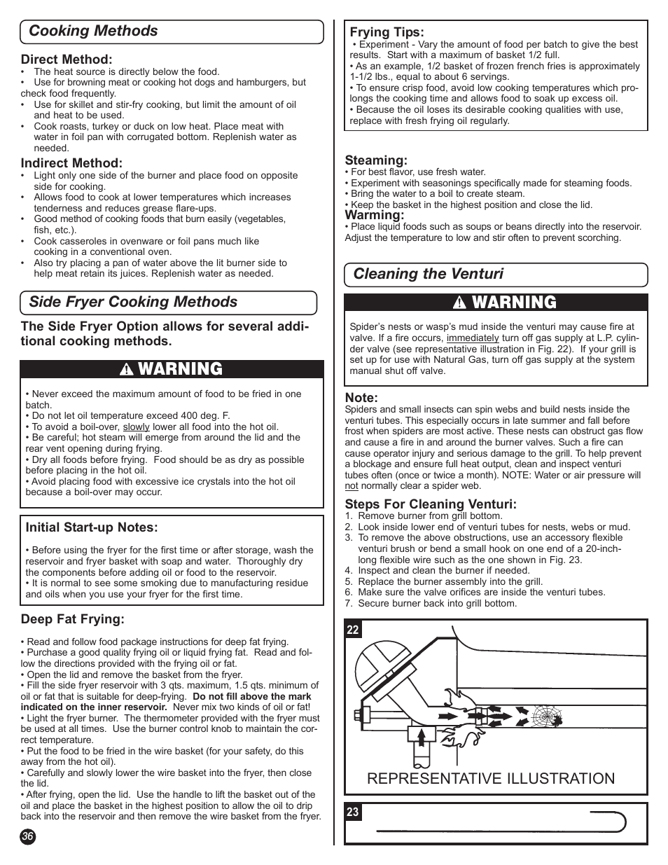 Warning, Cleaning the venturi, Representative illustration cooking methods | Side fryer cooking methods | Coleman 5600 User Manual | Page 36 / 44