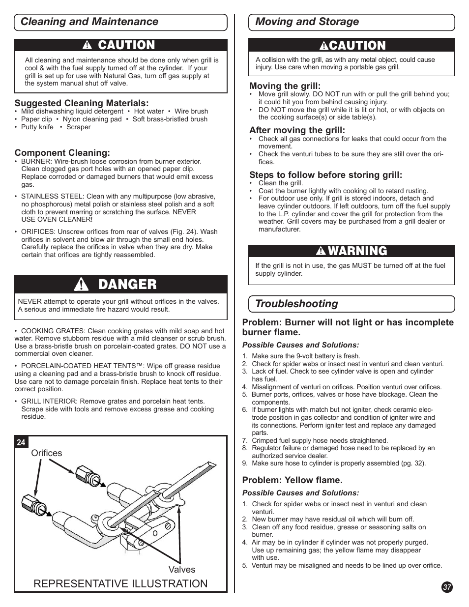 Danger, Caution, Warning | Moving and storage troubleshooting, Representative illustration, Cleaning and maintenance | Coleman 5600 User Manual | Page 37 / 44