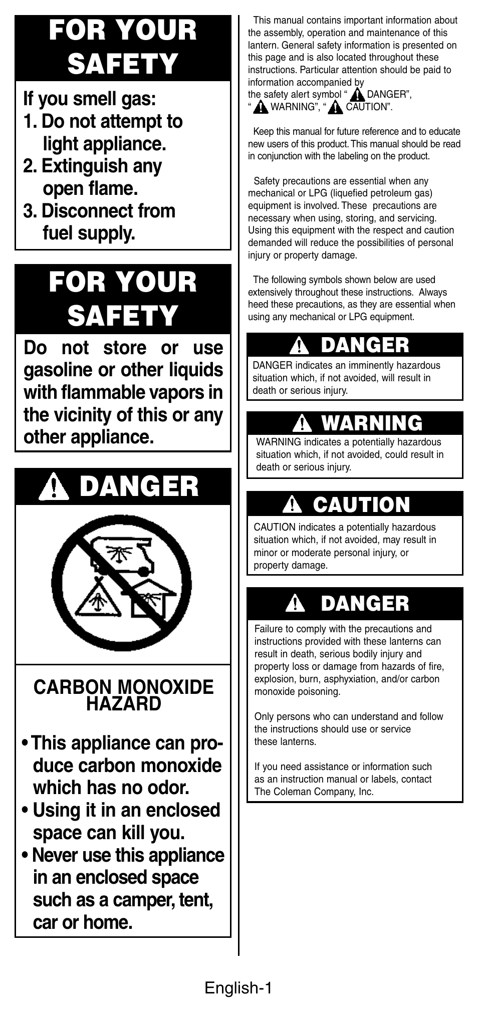 For your safety, Danger, Warning | Caution | Coleman 3113 User Manual | Page 2 / 8