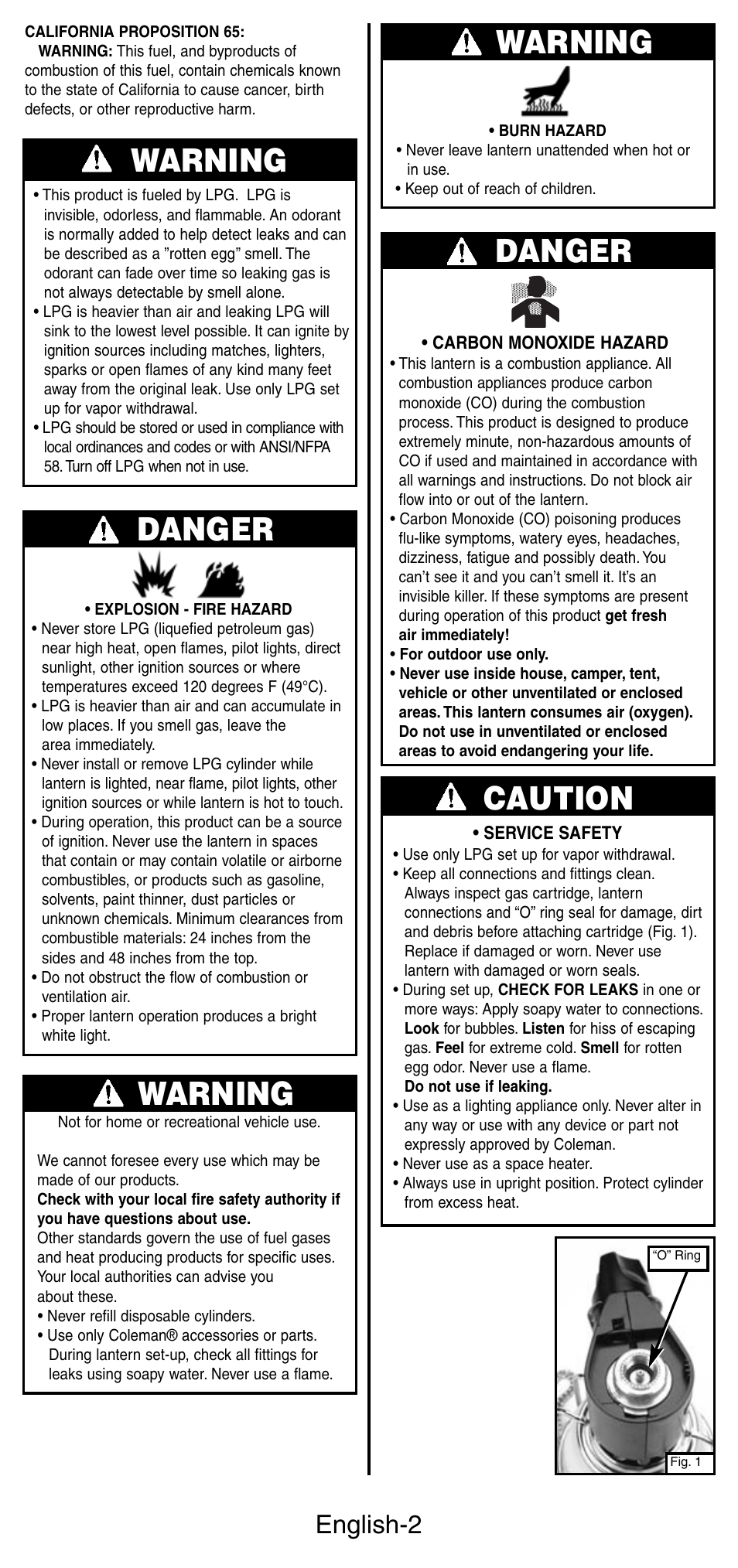 Warning danger, Warning, Danger | Caution, English-2 | Coleman 3113 User Manual | Page 3 / 8