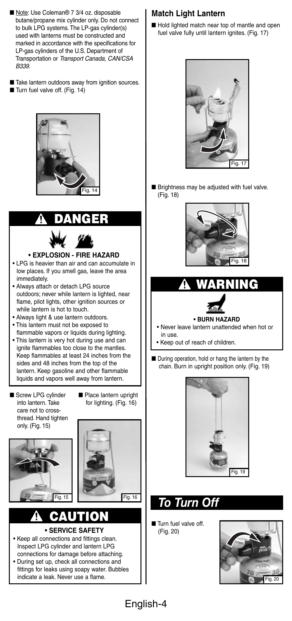 Danger, Caution, Warning | English-4, Match light lantern | Coleman 3113 User Manual | Page 5 / 8