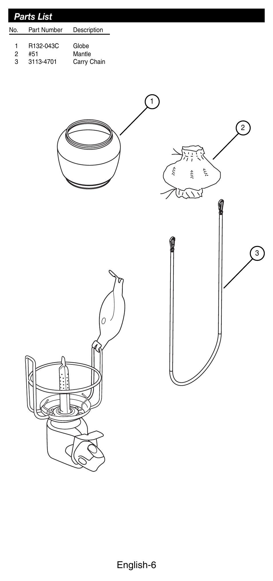 English-6, Parts list | Coleman 3113 User Manual | Page 7 / 8