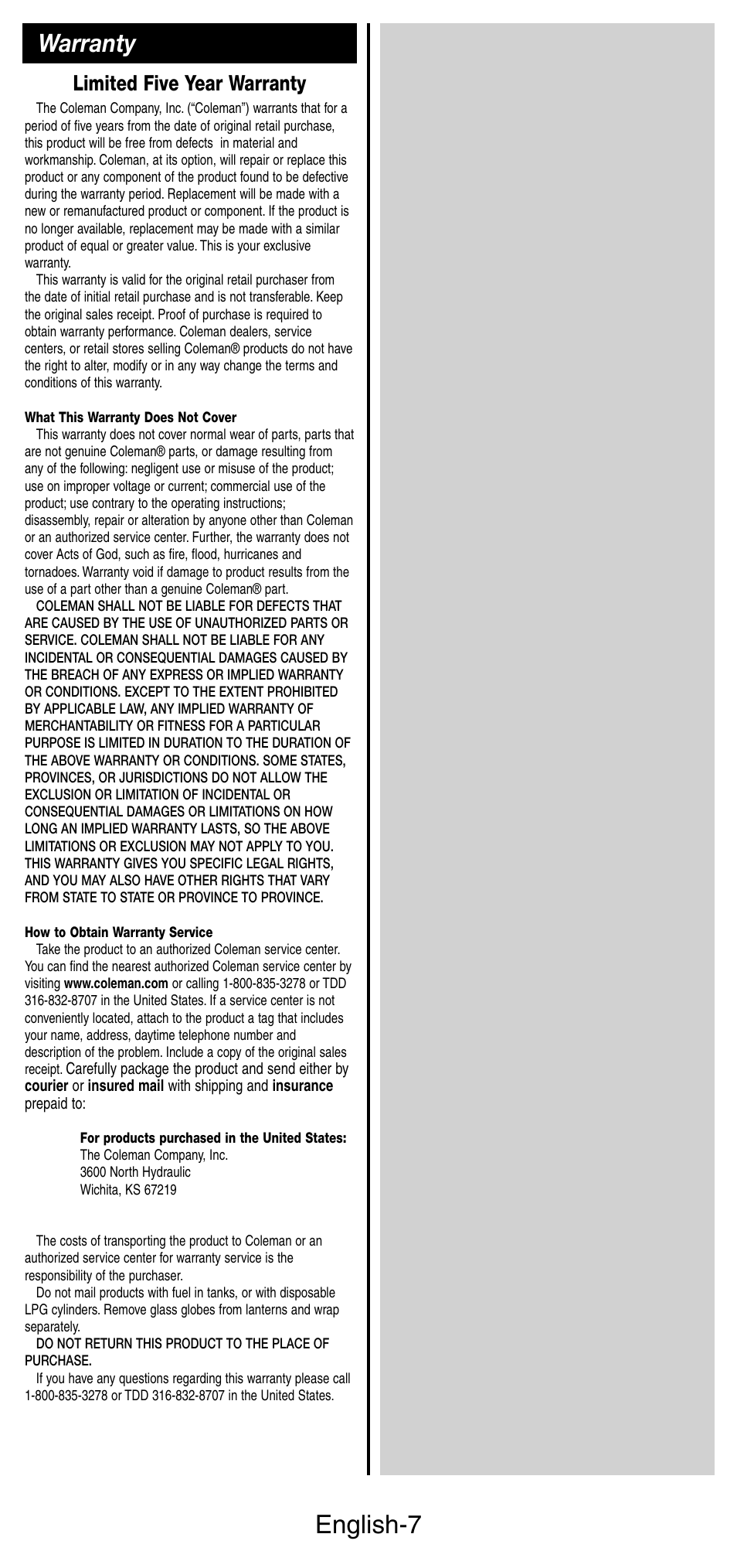 English-7, Warranty, Limited five year warranty | Coleman 3113 User Manual | Page 8 / 8
