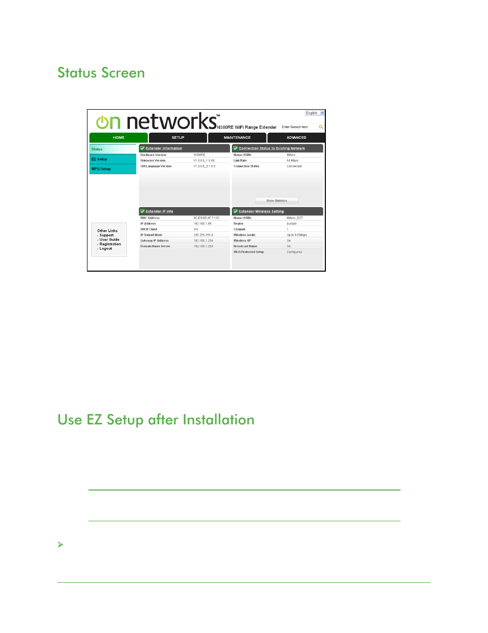 Status screen, Use ez setup after installation, Status screen use ez setup after installation | On Networks N300RE User Manual User Manual | Page 10 / 31