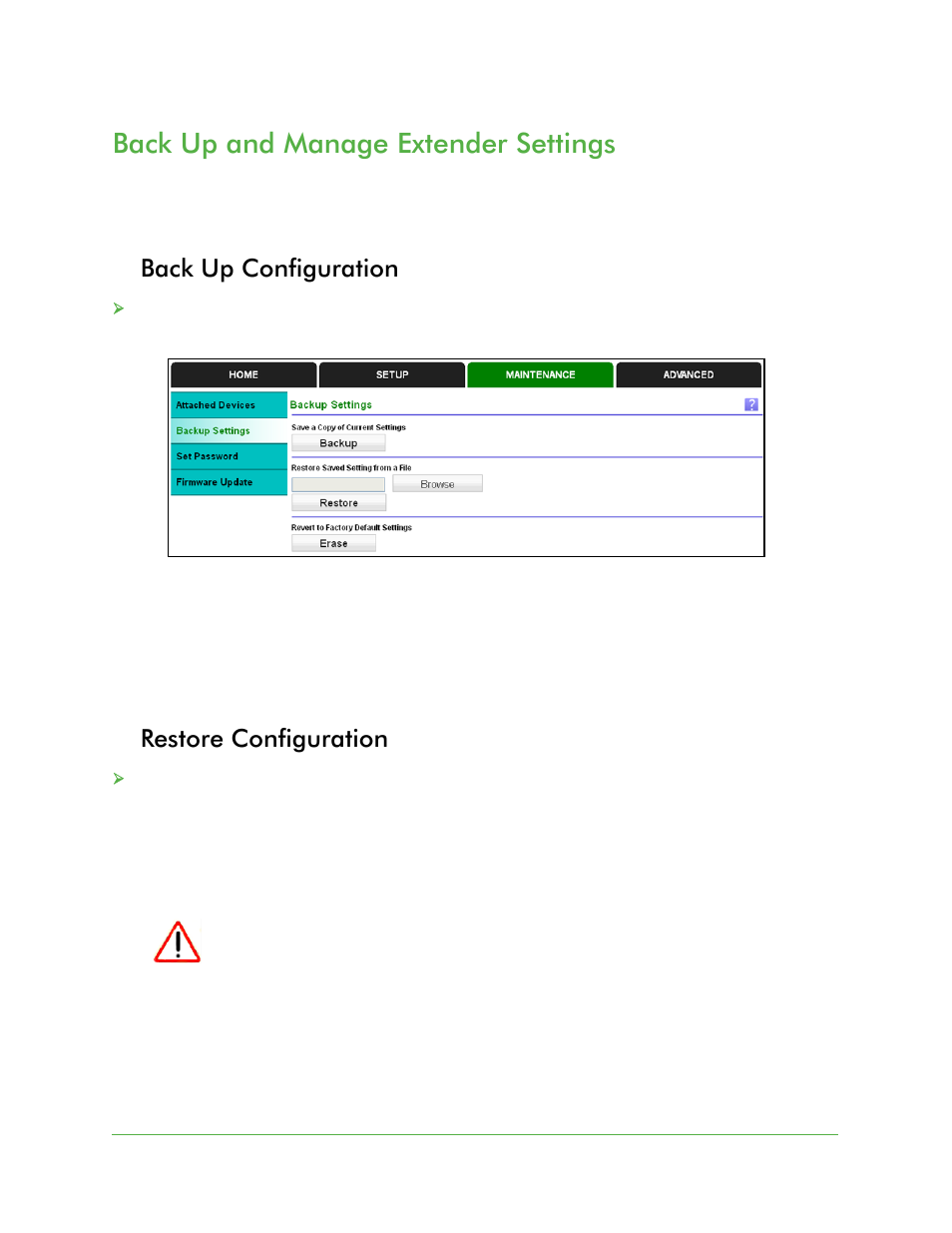 Back up configuration, Restore configuration, Back up and manage extender settings | Back up configuration restore configuration | On Networks N300RE User Manual User Manual | Page 21 / 31