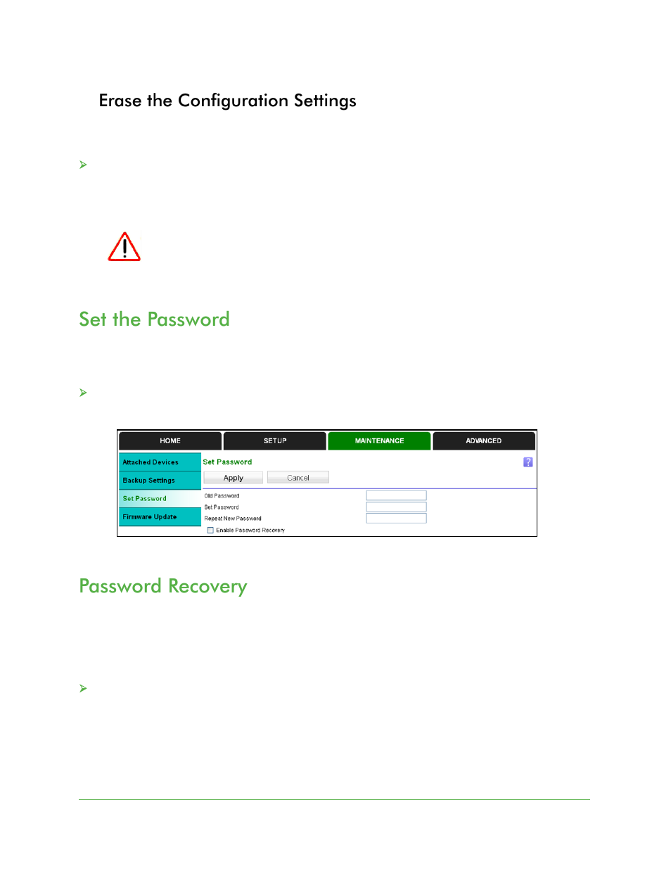 Erase the configuration settings, Set the password, Password recovery | Set the password password recovery | On Networks N300RE User Manual User Manual | Page 22 / 31