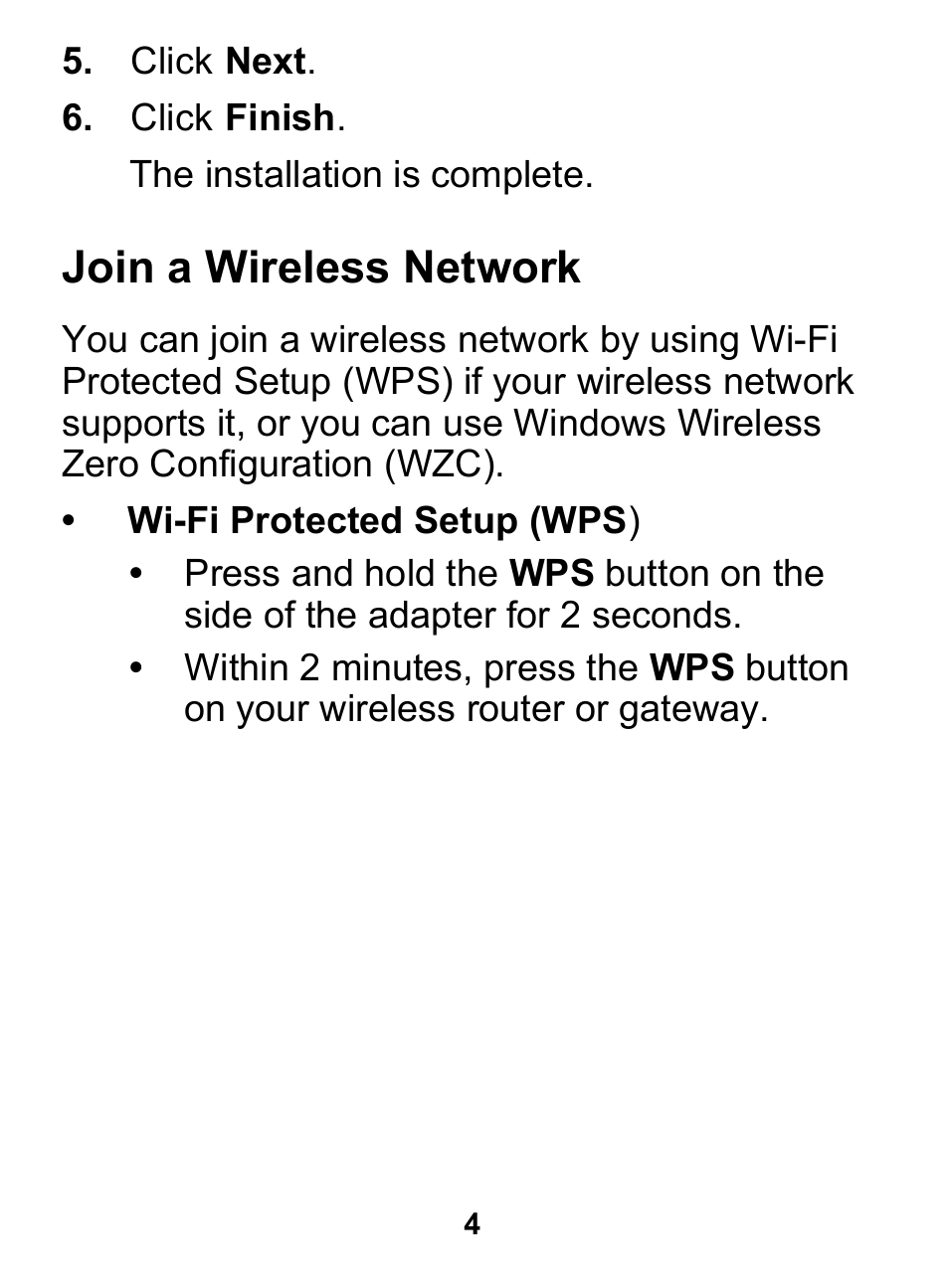 Click next, Click finish, Join a wireless network | Wi-fi protected setup (wps) | On Networks N300MA User Manual | Page 4 / 8