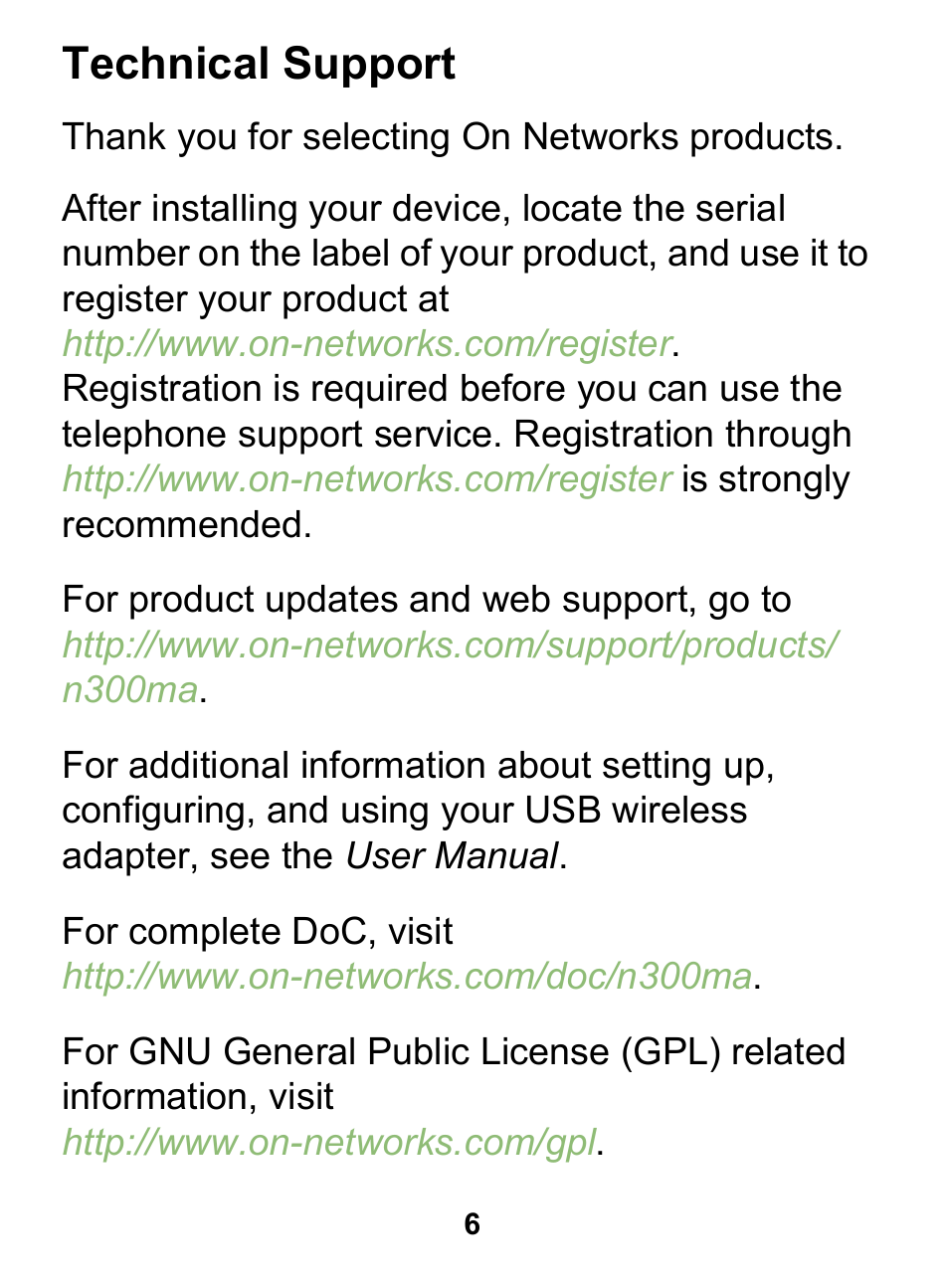 Technical support | On Networks N300MA User Manual | Page 6 / 8