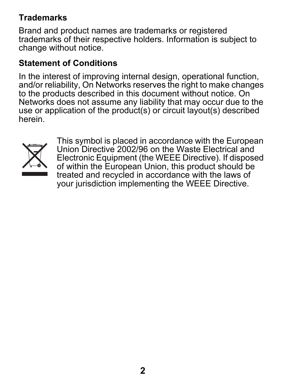 Trademarks, Statement of conditions | On Networks PL200 User Manual | Page 2 / 8