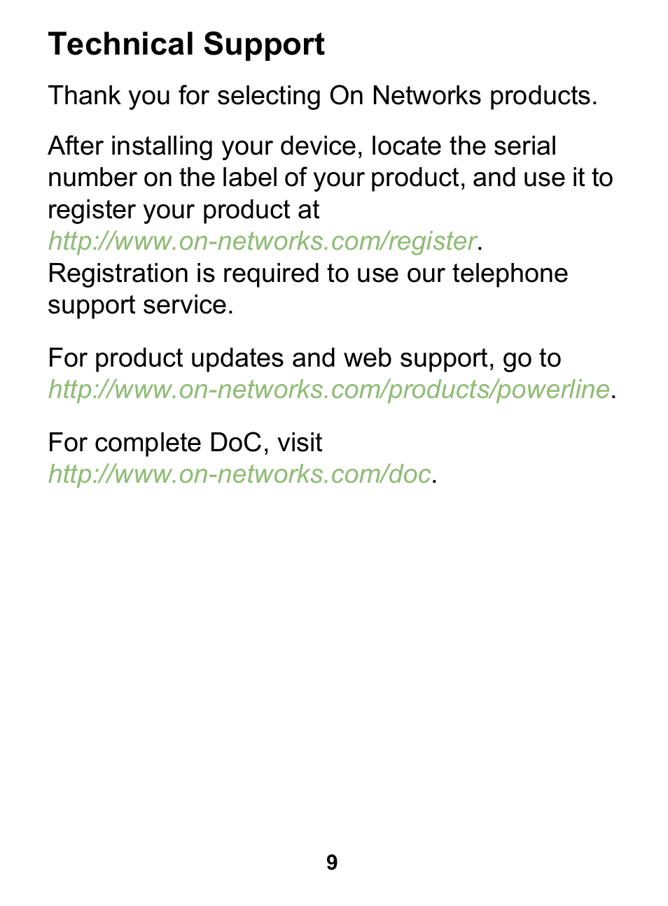Technical support | On Networks PL200P User Manual | Page 9 / 12
