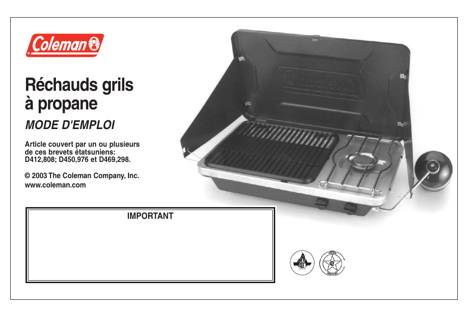 Réchauds grils à propane, Mode d'emploi | Coleman 9921A User Manual | Page 11 / 32