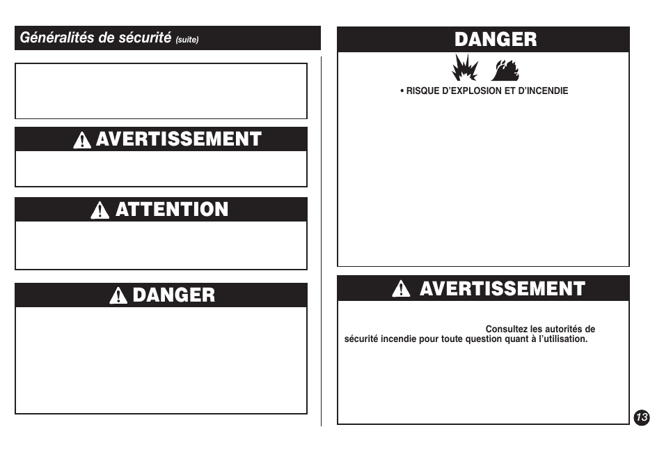 Danger, Avertissement, Danger attention | Coleman 9921A User Manual | Page 13 / 32