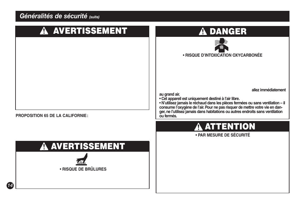 Avertissement, Attention, Danger | Généralités de sécurité | Coleman 9921A User Manual | Page 14 / 32