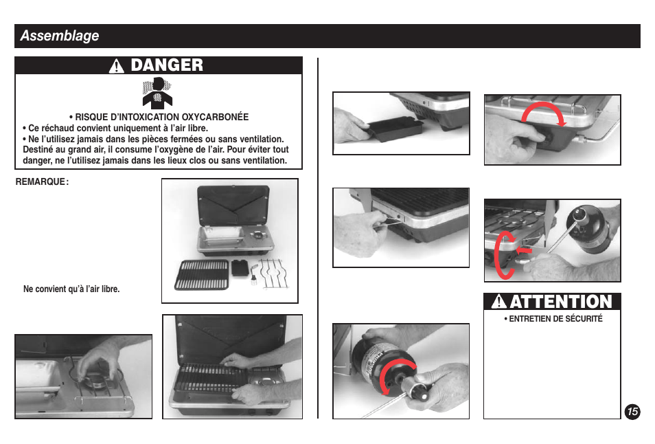 Attention, Danger, Assemblage | Coleman 9921A User Manual | Page 15 / 32