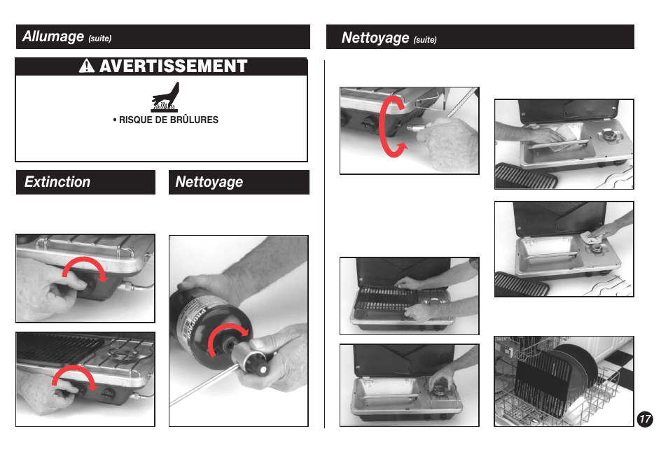 Avertissement, Allumage, Nettoyage | Extinction nettoyage | Coleman 9921A User Manual | Page 17 / 32