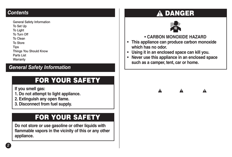 Danger, For your safety | Coleman 9921A User Manual | Page 2 / 32