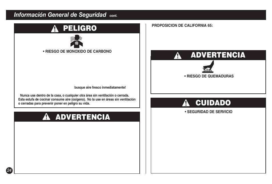 Advertencia cuidado, Advertencia, Peligro | Información general de seguridad | Coleman 9921A User Manual | Page 24 / 32