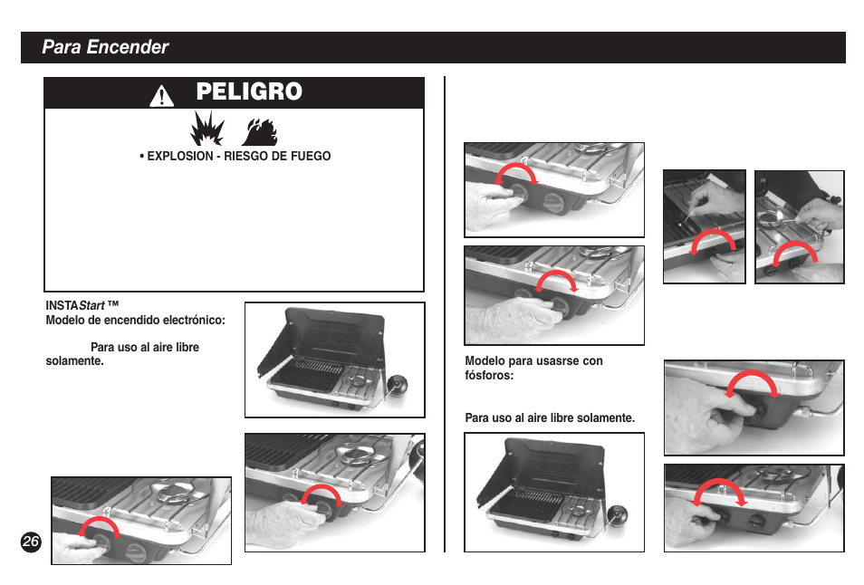 Peligro, Para encender | Coleman 9921A User Manual | Page 26 / 32