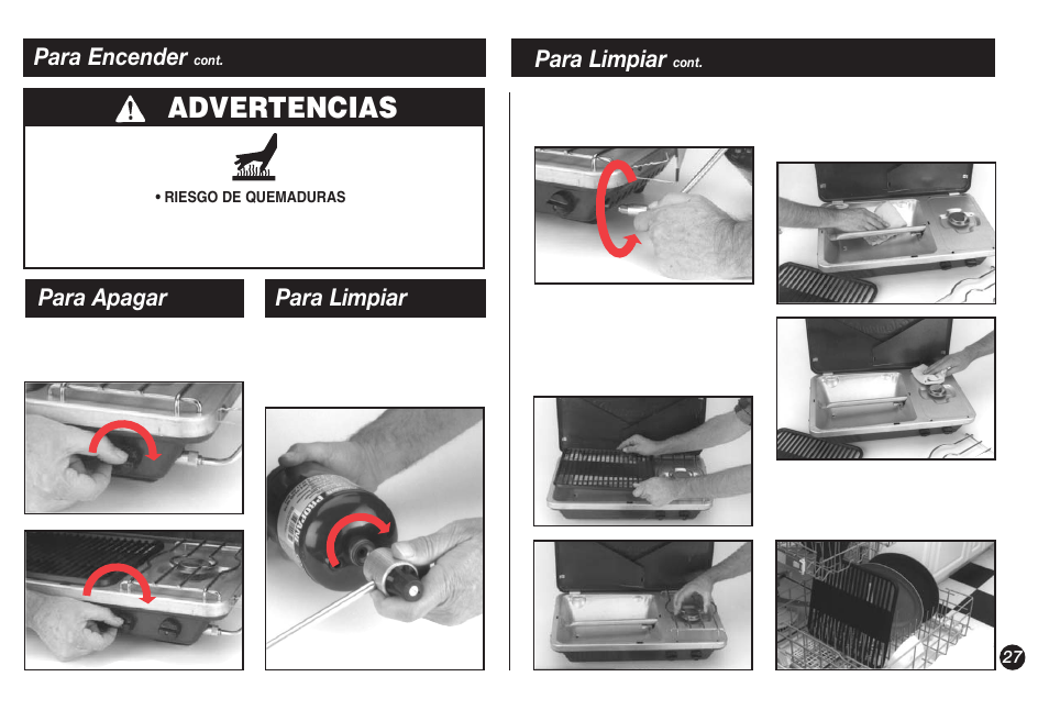 Advertencias, Para encender, Para limpiar | Para apagar para limpiar | Coleman 9921A User Manual | Page 27 / 32