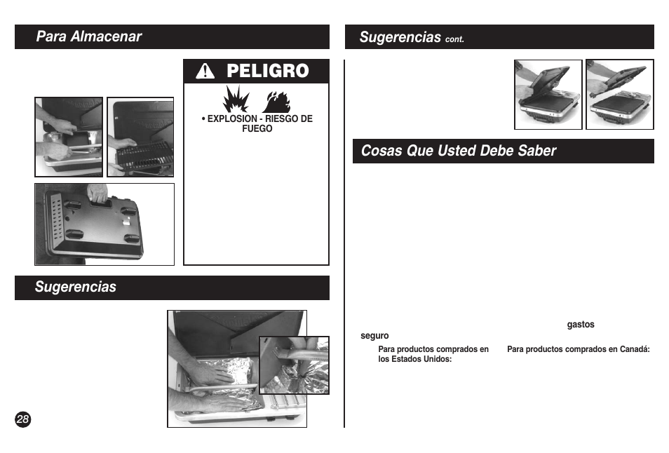 Peligro, Cosas que usted debe saber, Sugerencias | Para almacenar | Coleman 9921A User Manual | Page 28 / 32