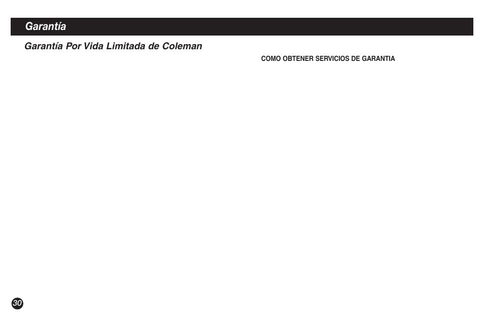 Garantía, Garantía por vida limitada de coleman | Coleman 9921A User Manual | Page 30 / 32