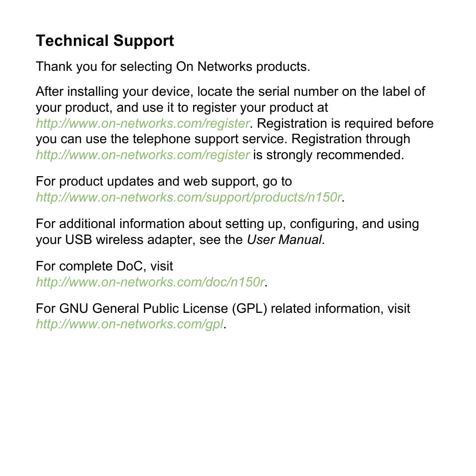 Technical support | On Networks N150R Installation Guide User Manual | Page 11 / 12