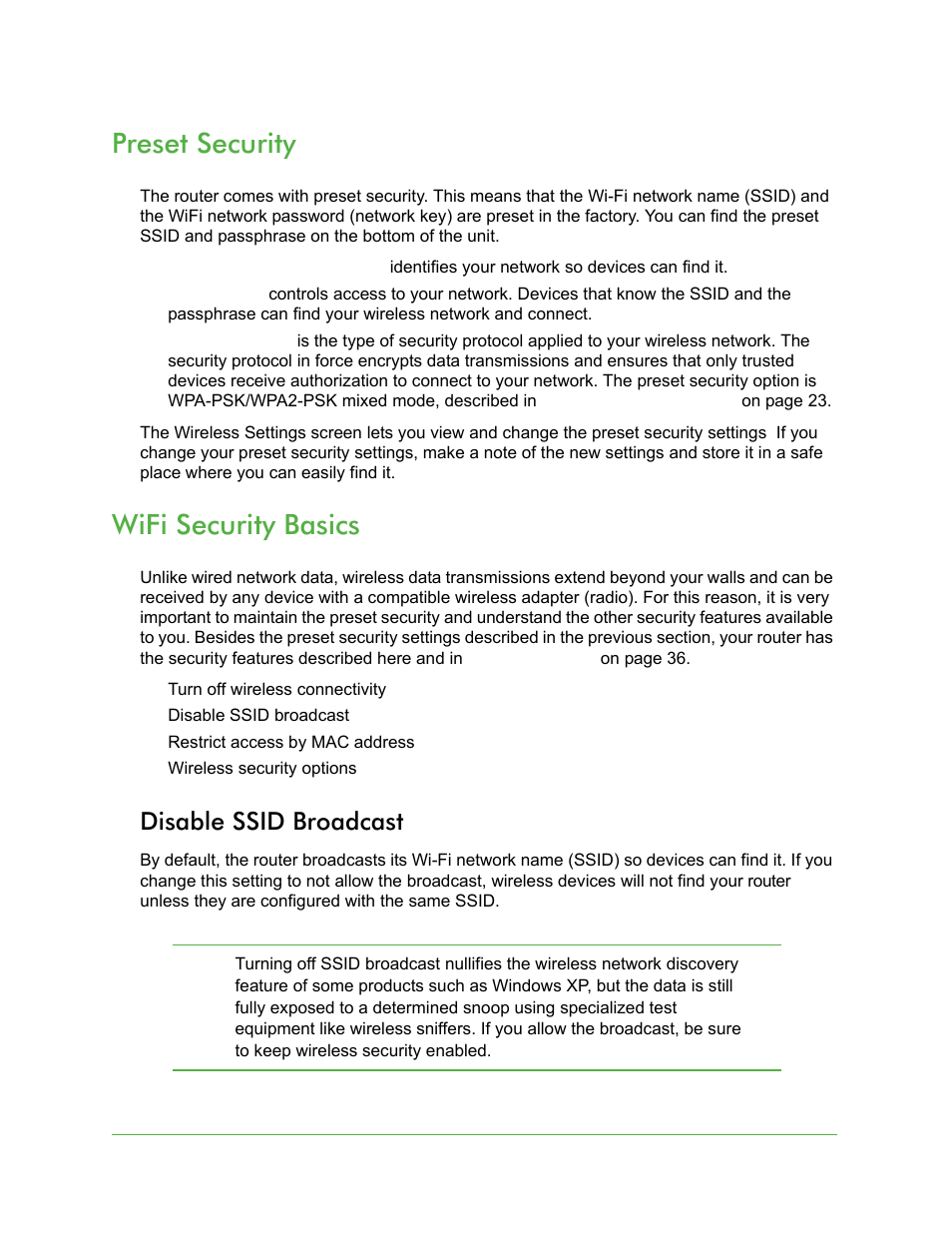 Preset security, Wifi security basics, Disable ssid broadcast | Preset security wifi security basics | On Networks N150R User Manual User Manual | Page 22 / 92