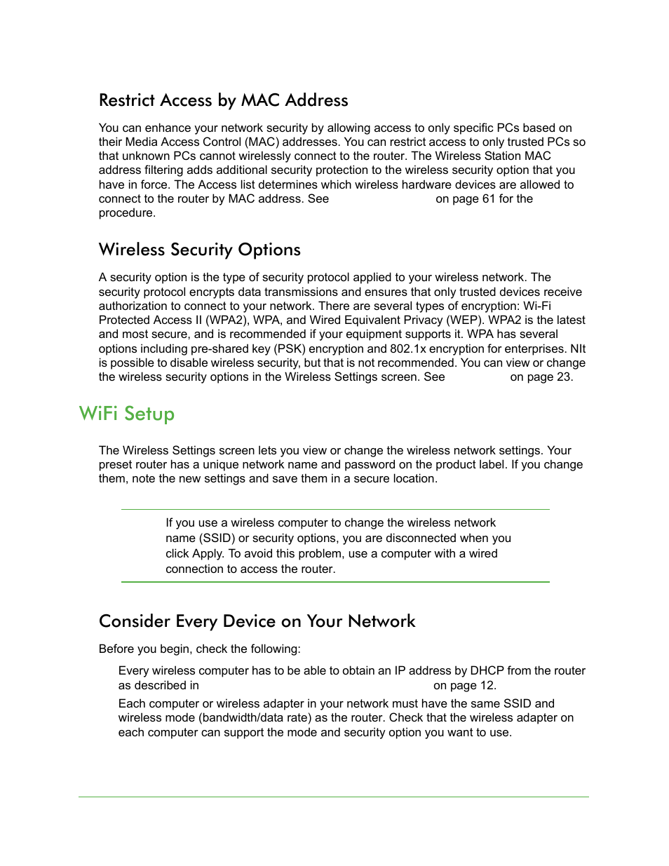 Restrict access by mac address, Wireless security options, Wifi setup | Consider every device on your network | On Networks N150R User Manual User Manual | Page 23 / 92