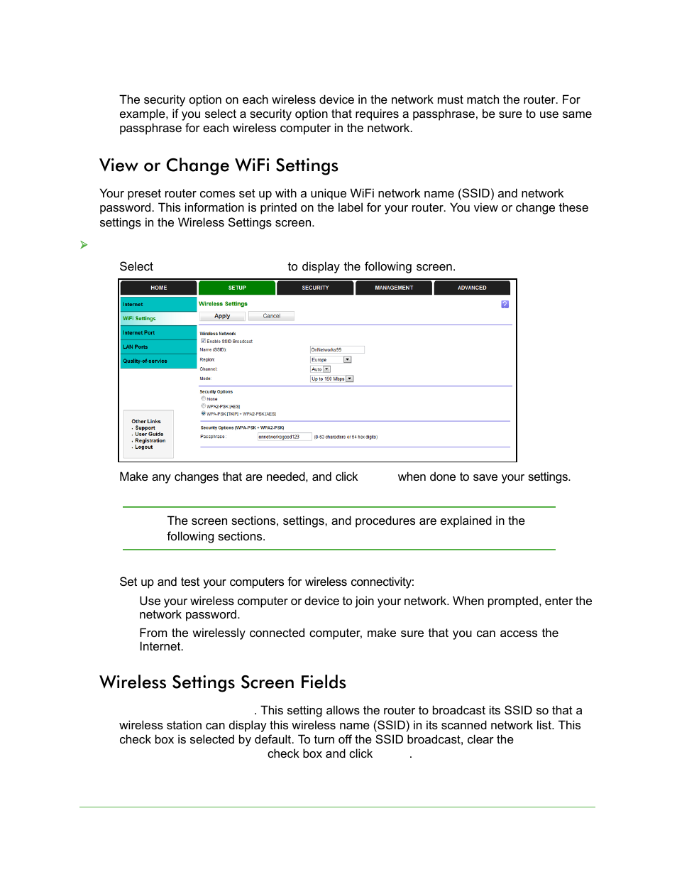 View or change wifi settings, Wireless settings screen fields | On Networks N150R User Manual User Manual | Page 24 / 92
