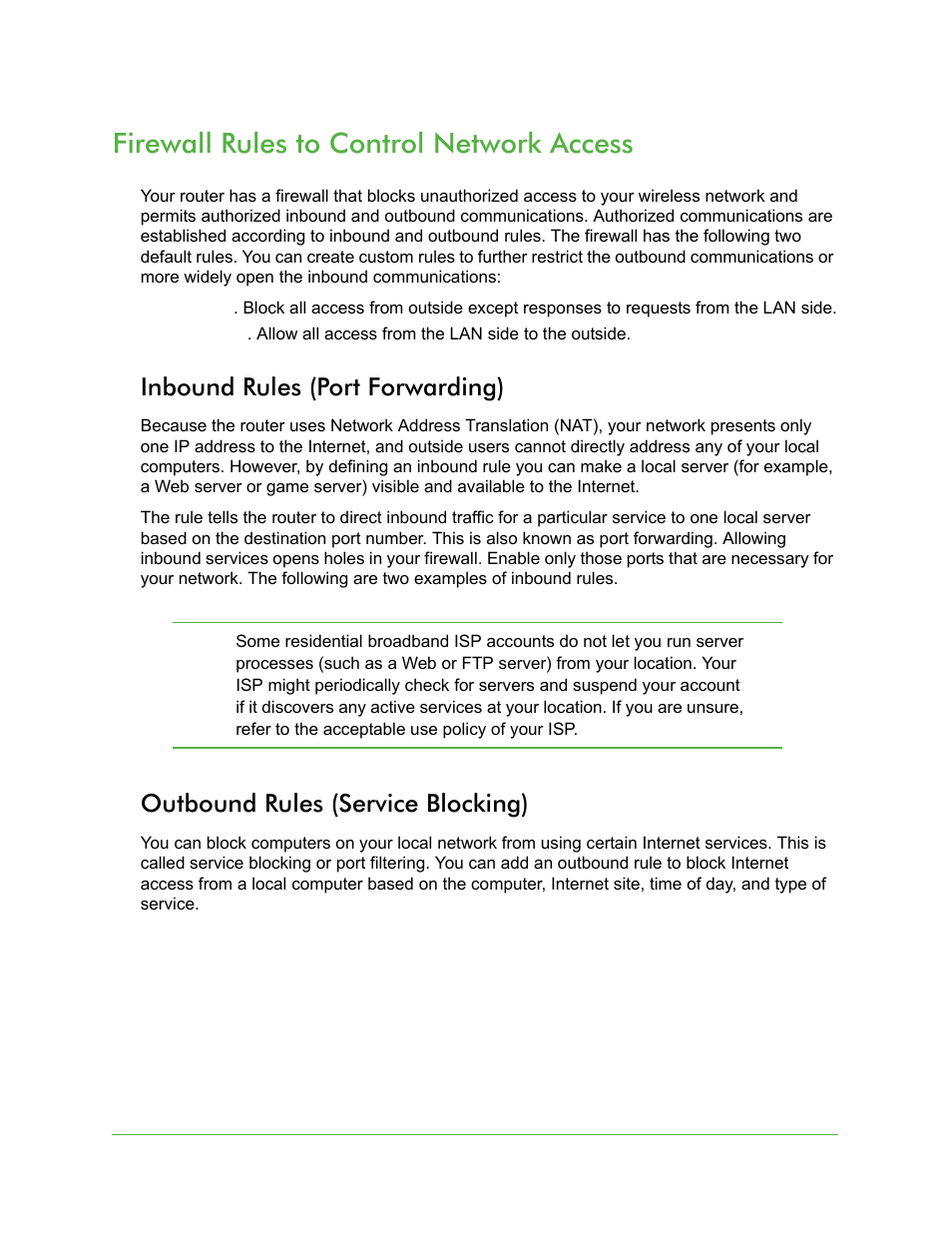 Inbound rules (port forwarding), Outbound rules (service blocking), Firewall rules to control network access | On Networks N150R User Manual User Manual | Page 37 / 92