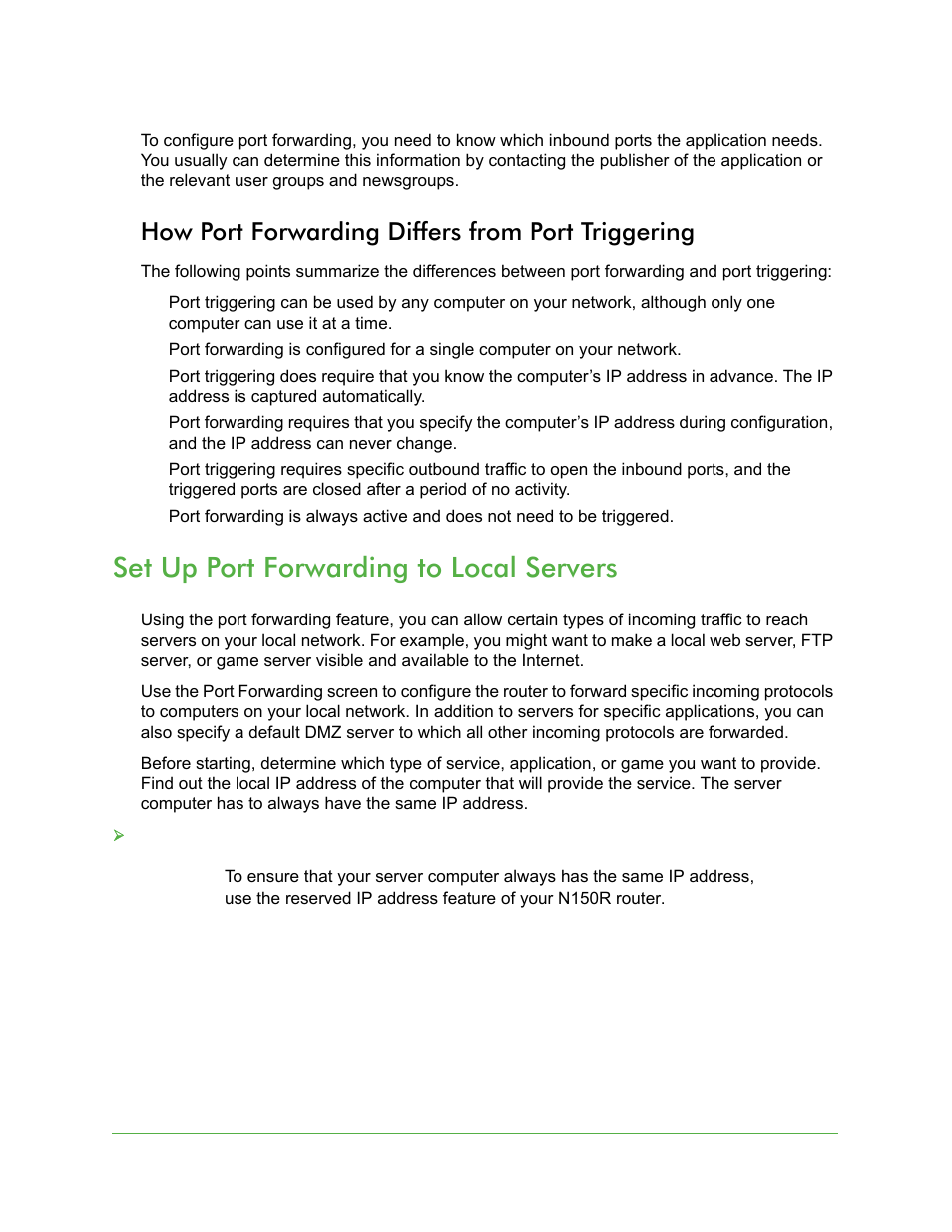 How port forwarding differs from port triggering, Set up port forwarding to local servers | On Networks N150R User Manual User Manual | Page 47 / 92