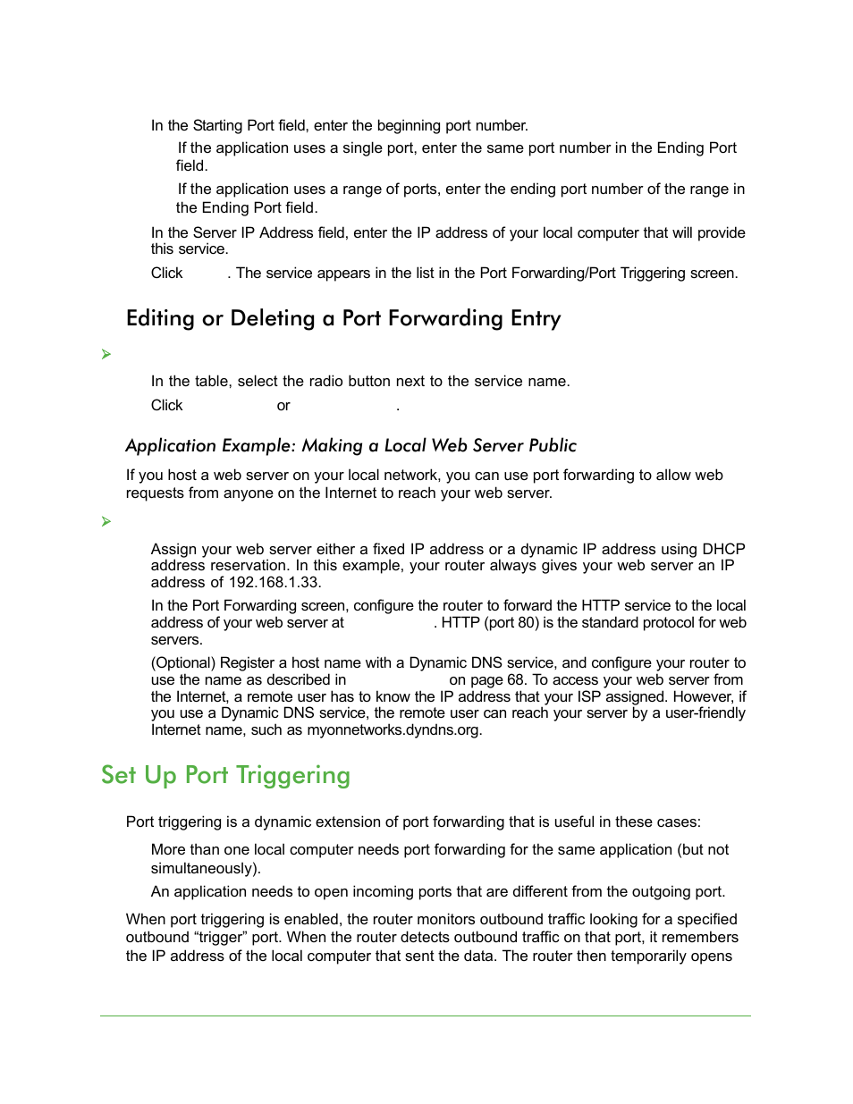 Editing or deleting a port forwarding entry, Set up port triggering | On Networks N150R User Manual User Manual | Page 49 / 92